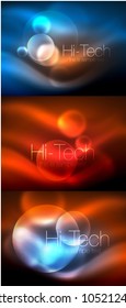 Set of blurred neon glowing circles, hi-tech modern bubble templates, techno glowing glass round shapes or spheres. Geometric abstract backgrounds. Vector illustration
