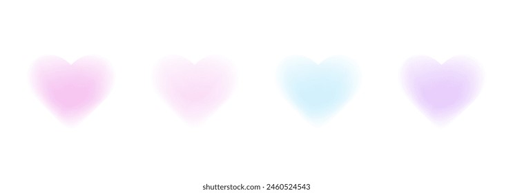 Set of Blurred Pastel Hearts. Valentine day gradient heart. Blurry heart aura aesthetic element. Trendy retro groovy style. Aesthetic elements, colorful soft gradients.