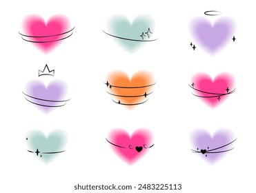 Set of blurred pink auras in flat cartoon design. Beautiful multi-colored hearts created in a retro style and with a blur effect perfectly create a romantic atmosphere. Vector illustration.