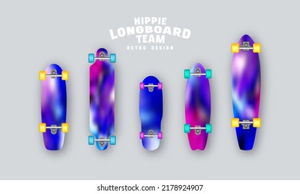 Montaje de impresiones borrosas en longboards. Colores saturados azules y rosas. Ilustración del vector