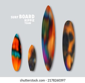 Set of blurred prints on surfboards. Animal color splash hand painted psychedelic tie dye style