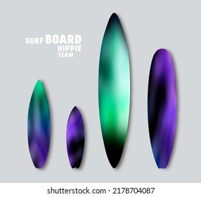Set of blurred prints on surfboards in retro style. Acid neon saturated colors. Vector illustration