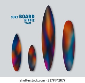 Set of blurred prints on surfboards. Dark neon color splash hand painted psychedelic tie dye style