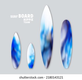 Set of blurred prints on surfboards. Blue color design. Vector illustration