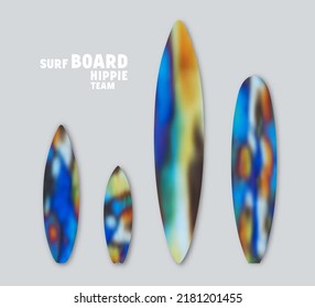 Set of blurred prints on surfboards. Animal color splash hand painted psychedelic tie dye style