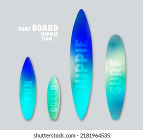 Set of blurred prints on surfboards. Blue and turquoise color design. Vector illustration