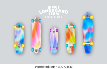 Set of blurred tie dye prints on longboards in retro style. Vector illustration