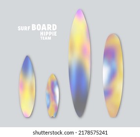 Set of blurred tie dye prints on surfboards in retro style. Vector illustration