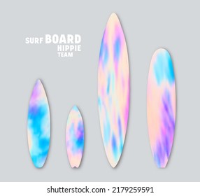 Conjunto de impresiones de tintes de corbata borrosas en tablas de surf de estilo retro. Ilustración del vector