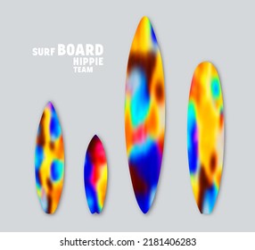 Set of blurred tie dye prints on surfboards in retro style. Blue and orange color design. Vector illustration