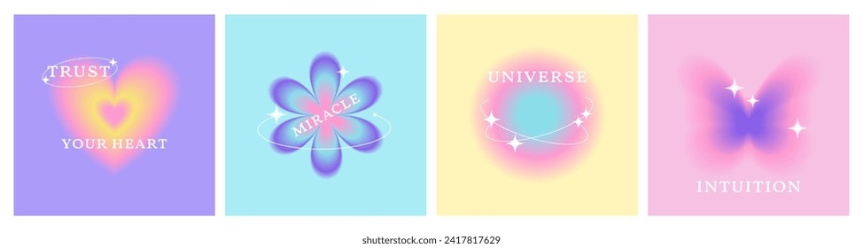 Set of blurry gradient backgrounds with aura effect in y2k style. Trendy posters with text, sparkles, vintage flower, heaty, butterfly for social media. Vector   