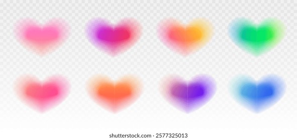 Set of blurry gradient hearts. Colorful decoration heart shapes isolated on transparent background. Modern abstract design elements for romantic designs, wedding, Valentine's Day cards, posters etc.