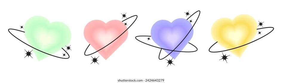 Set of blurry pink and blue hearts aura aesthetic elements with linear form and sparkle. Trendy modern y2k style design template. Blurred gradient hearts with stars.Vector illustration