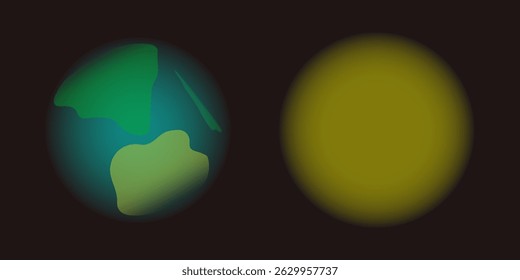 A set of blurry planet earth and sun gradient shape. Abstract blue and green color circle defocused shape on black. Y2k inspired vector soft gradation globe circle and futuristic sun round bg