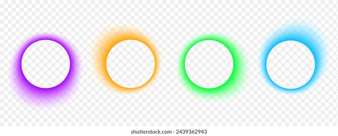 Set of blurry round frames. Circle shapes with purple, orange, blue and green neon gradient borders isolated on transparent background. Abstract design elements with empty space. Vector illustration.
