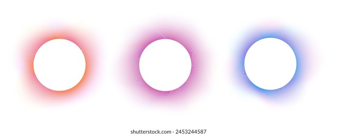 Set of blurry round frames. Circle shapes with colorful soft gradient borders isolated on white background. Abstract design elements with empty space. Vector illustration.