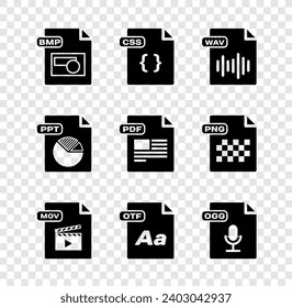 Set BMP file document, CSS, WAV, MOV, OTF, OGG, PPT and PDF icon. Vector