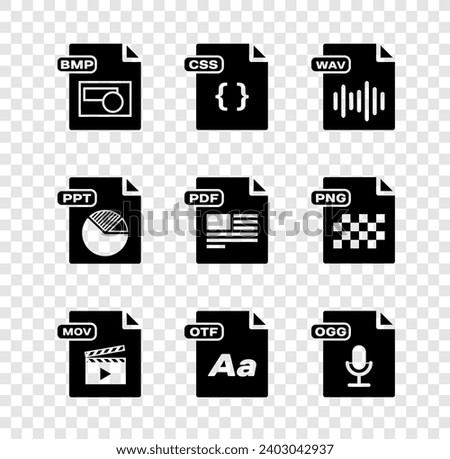 Set BMP file document, CSS, WAV, MOV, OTF, OGG, PPT and PDF icon. Vector