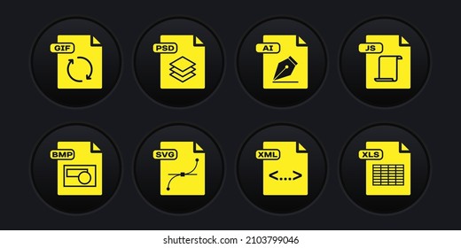 Set BMP file document, JS, SVG, XML, AI, PSD, XLS and GIF icon. Vector