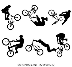 Conjunto de siluetas de ciclista de BMX aisladas sobre fondo blanco, siluetas de truco de BMX, siluetas de estilo libre de BMX, Ilustraciones vectoriales.