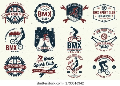 Set of bmx extreme sport club badge. Vector. Concept for shirt, logo, print, stamp, tee with man ride on a sport bicycle. Vintage typography design with bmx cyclist, bmx sprocket and chain silhouette.