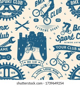 Set of bmx extreme sport club seamless pattern, background. Vector illustration. Seamless pattern design with bmx cyclist, bmx sprocket and chain silhouette.