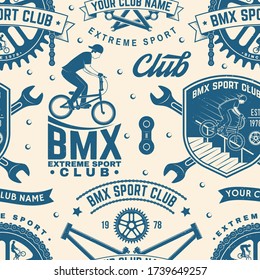 Set of bmx extreme sport club seamless pattern, background. Vector illustration. Seamless pattern design with bmx cyclist, bmx sprocket and chain silhouette.