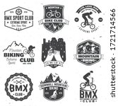 Set of bmx and mtb extreme sport club badge. Vector. Concept for shirt, logo, print, stamp, tee with man ride on a sport bicycle. Vintage typography design with cyclist, sprocket and chain silhouette.