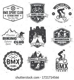 Set of bmx and mtb extreme sport club badge. Vector. Concept for shirt, logo, print, stamp, tee with man ride on a sport bicycle. Vintage typography design with cyclist, sprocket and chain silhouette.