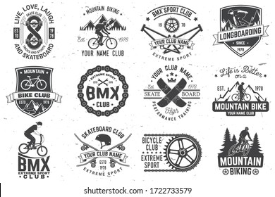 Set of bmx, skateboard and mtb extreme sport club badge. Vector illustration. Concept for shirt, logo, print, stamp, tee with man ride on a sport bicycle, skateboard and bmx. Extreme sport club badge