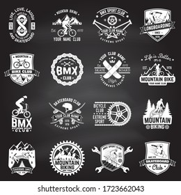 Set of bmx, skateboard, mtb extreme sport club badge on chalkboard. Vector . Concept for shirt, logo, print, stamp, tee with man ride on a sport bicycle, skateboard and bmx. Extreme sport club badge