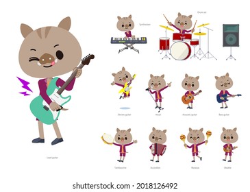 A set of Boar boy playing rock 'n' roll and pop music.It's vector art so it's easy to edit.