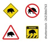 Set of boar crossing traffic sign. Vector illustration of yellow triangle warning sign and white cirle warning sign with deer icon inside. Wild forest animals likely to be in road ahead. Caution boar.