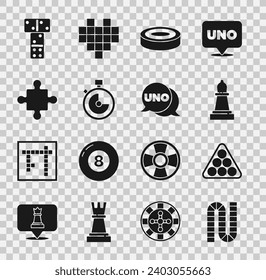 Set Board game, Billiard balls in triangle, Chess, Checker chips, Stopwatch, Puzzle pieces toy, Domino and Uno card icon. Vector