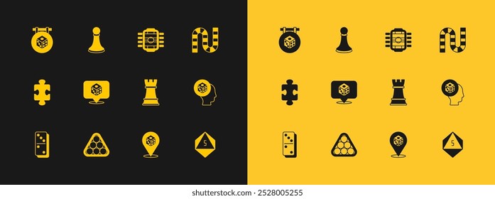 Set Board game, Billiard balls in triangle, Chess, Game dice, Table football,  and pawn icon. Vector