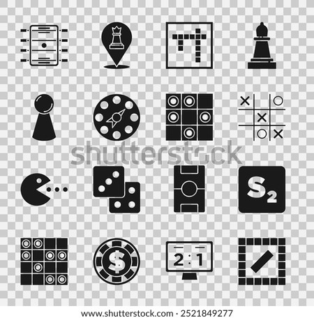 Set Board game, Bingo, Tic tac toe, Twister, Chip for board, Hockey table and of checkers icon. Vector