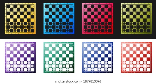 Set Board game of checkers icon isolated on black and white background. Ancient Intellectual board game. Chess board. White and black chips. Vector.