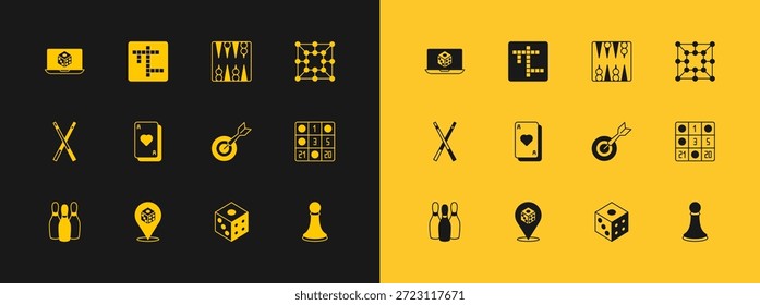 Establecer juego de Tablero, dados de juego, tablero de dardos clásico y flecha, jugar a las cartas, Backgammon, y el icono de crucigrama. Vector