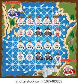 A set for a board game. Map and characters. Vector illustration.