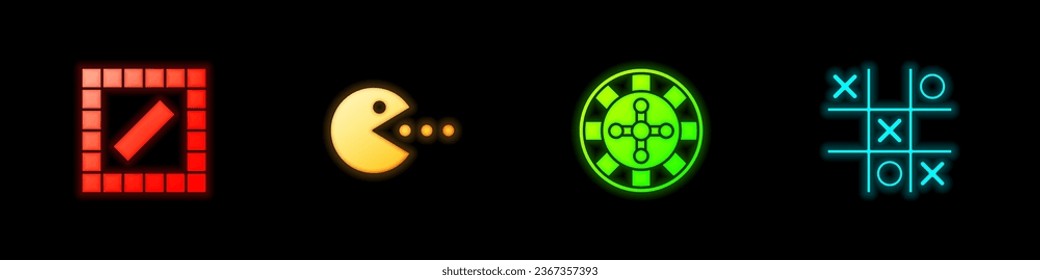 Set Board game, Pacman with eat, Casino roulette wheel and Tic tac toe icon. Vector