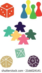 a set of board game pawns, meeples, and dice for player geek