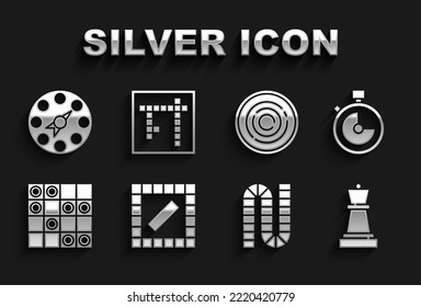 Set Board game, Stopwatch, Chess, of checkers, Checker chips, Twister and Bingo icon. Vector