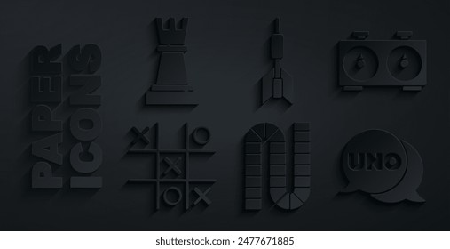 Juego de Tablero, reloj de ajedrez horario, Tic tac toe, tarjeta Uno, flecha de dardo e ícono de ajedrez. Vector