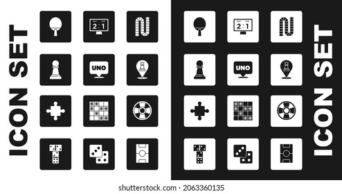 Set Board game, Uno card, Chess, Racket, Sport mechanical scoreboard, Casino chip and Puzzle pieces toy icon. Vector