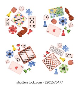 Set of board games elements, flat vector illustration isolated on white background. Chess pieces, cards, checkers, dominoes, lotto and backgammon. Table games for kids and adults. Family game party. svg