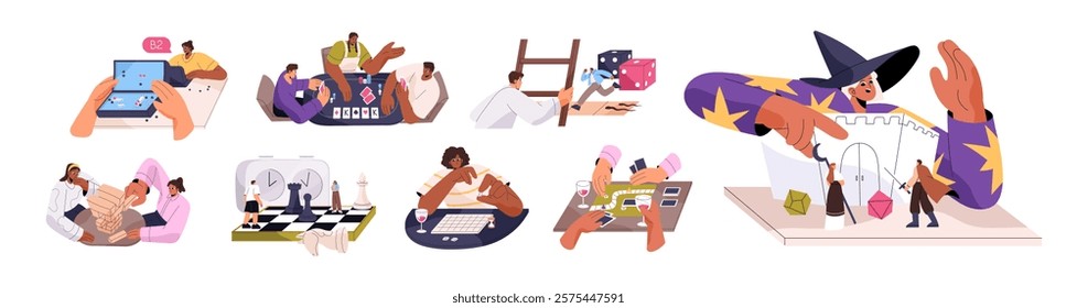 Set of board games. Happy people have fun, play different boardgames: cards, chess, dice, dungeon and dragons, ladders and snakes, poker, jigsaw. Flat isolated vector illustrations on white background