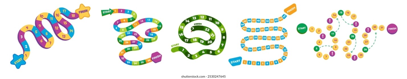 Set if board games for kid in colorful cartoon style. Snake platform game with numbers.