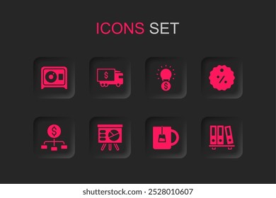 Set Board with graph, Armored truck, Safe, Cup of tea, Discount percent tag, Office folders, Light bulb dollar and Hierarchy icon. Vector