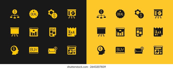 Set Board com gráfico, botão Comprar, Notícias, Correio e e-mail, Navegador mercado de ações, Gear símbolo de dólar, Hierarquia e ícone de Negociação. Vetor