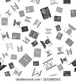 Set Board with graph chart, Abacus, Graduate and graduation cap and Notebook on seamless pattern. Vector
